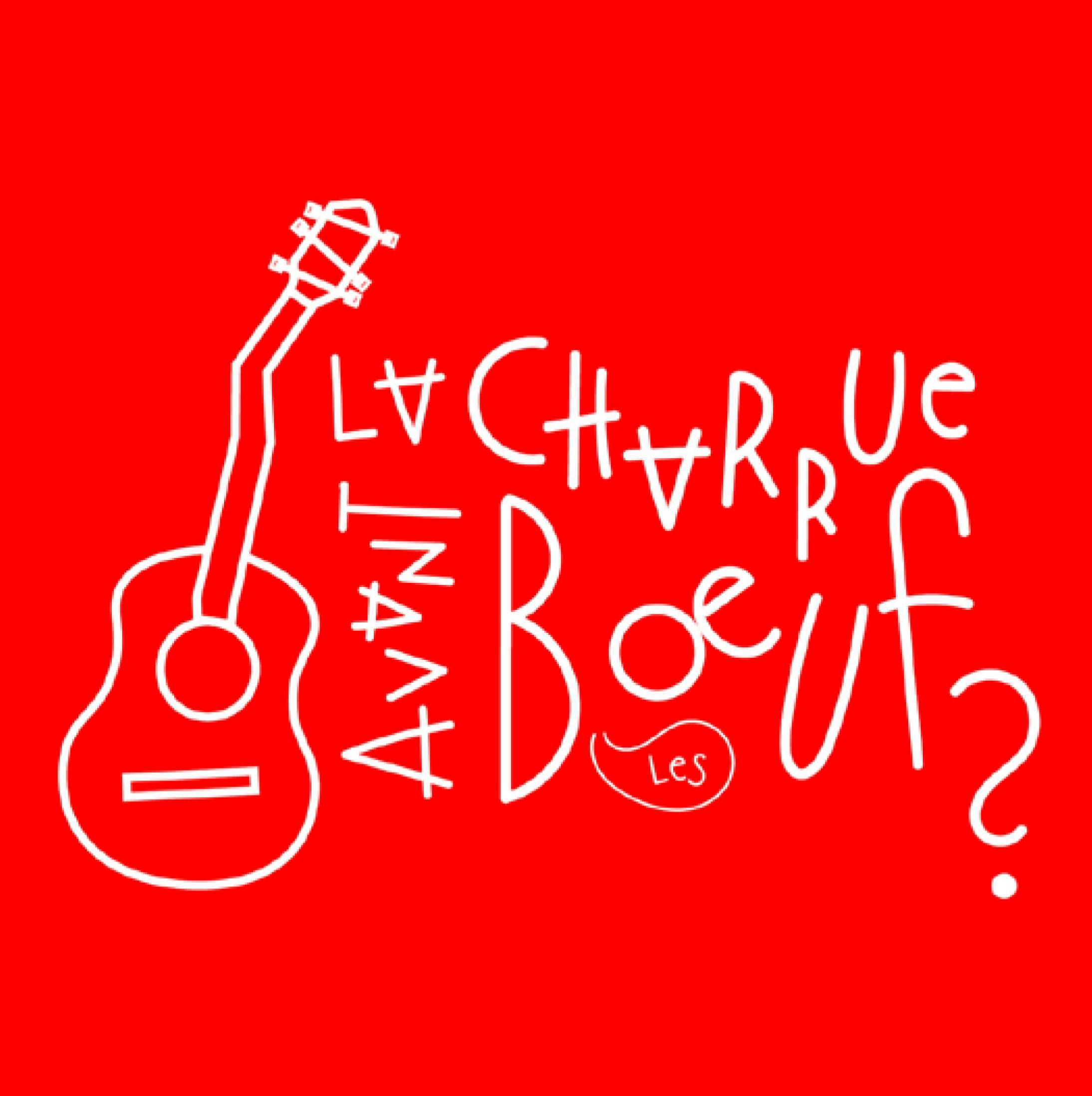 Logo sur fond rouge de l'accueil de la charrue avant les boeufs avec une guitare